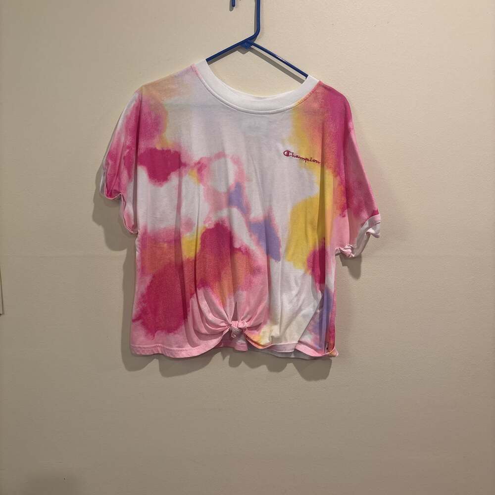 Champion Women's Tie-Dye Print Tie-Front Soft Cotton Blend Active Yoga T-Shirt